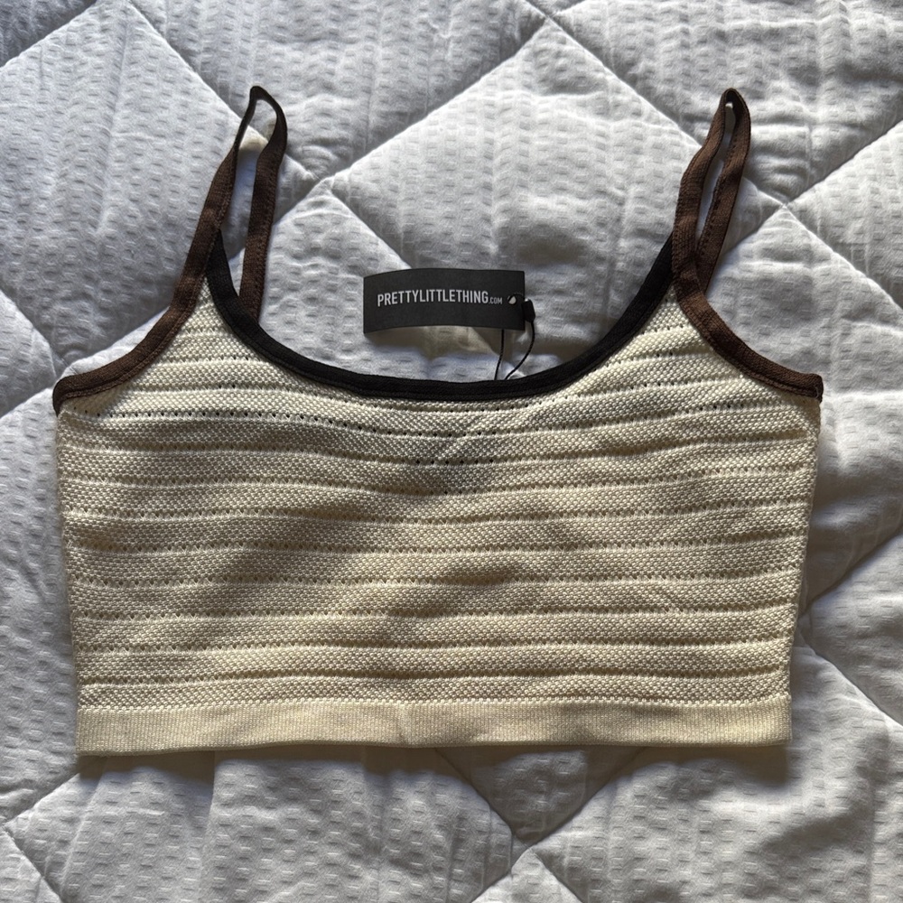 PrettyLittleThing Beige and Dark Brown Textured Crop Top